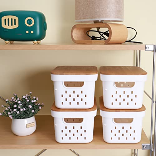 Citylife 4 PCS Storage Baskets with Bamboo Lids Plastic Baskets for Organizing Stackable Storage Bins with Handle for Shelves, 10.16 x 6.81 x 5.31 inch