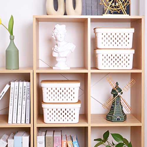 Citylife 4 PCS Storage Baskets with Bamboo Lids Plastic Baskets for Organizing Stackable Storage Bins with Handle for Shelves, 10.16 x 6.81 x 5.31 inch