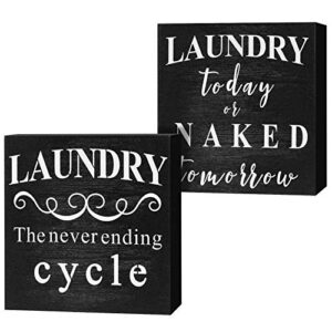 yulejo 2 pieces farmhouse laundry room decor and accessories laundry box sign funny laundry room signs rustic the never ending cycle wood box sign for home bathroom decoration, 6 x 6 inch