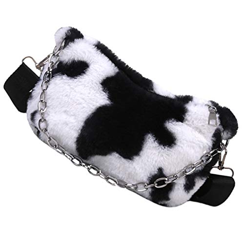 ABOOFAN Plush Shoulder Bag Milk Cow Print Winter Handbags with Chain Casual Shoulder Bag Hobo Handbags Work Tote Big Capacity Handbag for Girl Shopping School Outdoor