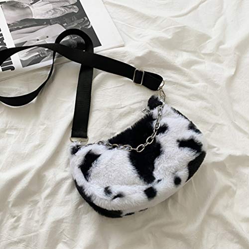 ABOOFAN Plush Shoulder Bag Milk Cow Print Winter Handbags with Chain Casual Shoulder Bag Hobo Handbags Work Tote Big Capacity Handbag for Girl Shopping School Outdoor