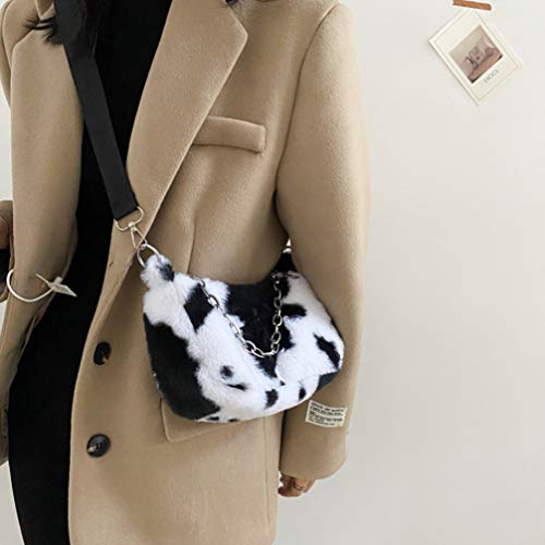 ABOOFAN Plush Shoulder Bag Milk Cow Print Winter Handbags with Chain Casual Shoulder Bag Hobo Handbags Work Tote Big Capacity Handbag for Girl Shopping School Outdoor