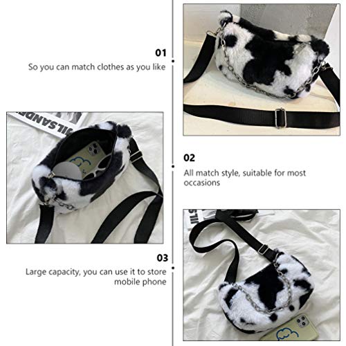 ABOOFAN Plush Shoulder Bag Milk Cow Print Winter Handbags with Chain Casual Shoulder Bag Hobo Handbags Work Tote Big Capacity Handbag for Girl Shopping School Outdoor