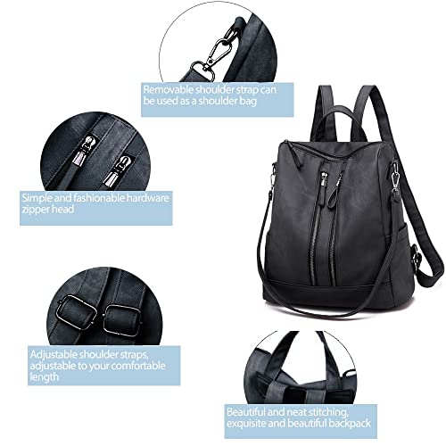 ROOSALANCE Zipper Women Backpack,Black Grey Backpack Purse Waterproof Anti-theft Leather Fashion Shoulder Bag Handbags Travel Ladies