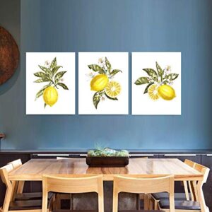 CRPBKU Cool Lemon Fruit Art Print -Yellow Orange Pear Lemon Botanical Canvas Wall Art -Green leaf Sour lemon Poster Perfect for Dining Room Kitchen Decoration,3 Set- (Unframed,8"X10")