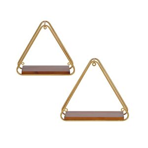 Kate and Laurel Tilde Midcentury Triangle Wall Shelves, Set of 2, 12 x 4 x 10.5, Walnut and Gold, Decorative and Functional Modern Floating Wood Shelves with Geometric Design