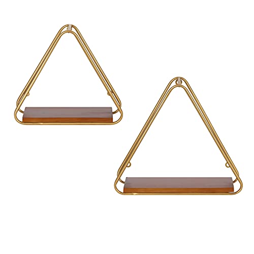 Kate and Laurel Tilde Midcentury Triangle Wall Shelves, Set of 2, 12 x 4 x 10.5, Walnut and Gold, Decorative and Functional Modern Floating Wood Shelves with Geometric Design