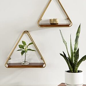 Kate and Laurel Tilde Midcentury Triangle Wall Shelves, Set of 2, 12 x 4 x 10.5, Walnut and Gold, Decorative and Functional Modern Floating Wood Shelves with Geometric Design