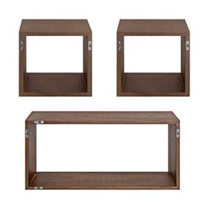 Kate and Laurel Beacon Wood Open Box Shelves Set, 3 Piece, Rustic Brown Wood, Floating Storage and Display