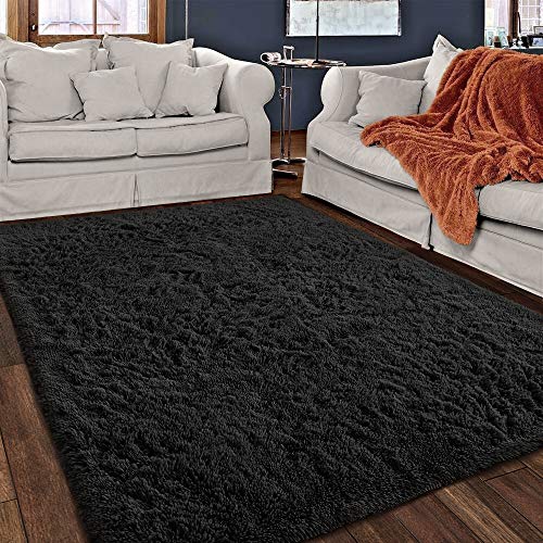 ECOBER Premium Fluffy Area Rug for Bedroom Living Room Plush Soft Decorative Carpet, Extra Comfy Fuzzy Rugs for Girls Room Kids Cute Carpets, 4x6 Feet Black