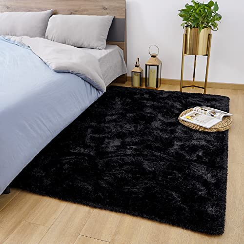 ECOBER Premium Fluffy Area Rug for Bedroom Living Room Plush Soft Decorative Carpet, Extra Comfy Fuzzy Rugs for Girls Room Kids Cute Carpets, 4x6 Feet Black