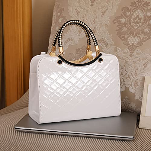 Qiayime Purses and Handbags for Women Shiny Patent Fashion Ladies Designer PU Leather Top Handle Satchel Shoulder Tote Crossbody Bags (White)