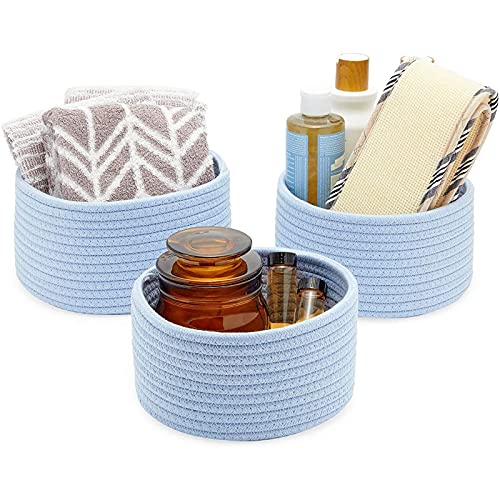 Farmlyn Creek Cotton Woven Baskets for Storage, Light Blue Organizers (3 Sizes, 3 Pack)