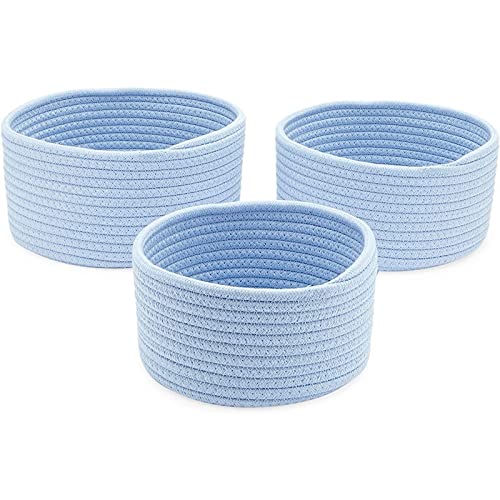 Farmlyn Creek Cotton Woven Baskets for Storage, Light Blue Organizers (3 Sizes, 3 Pack)