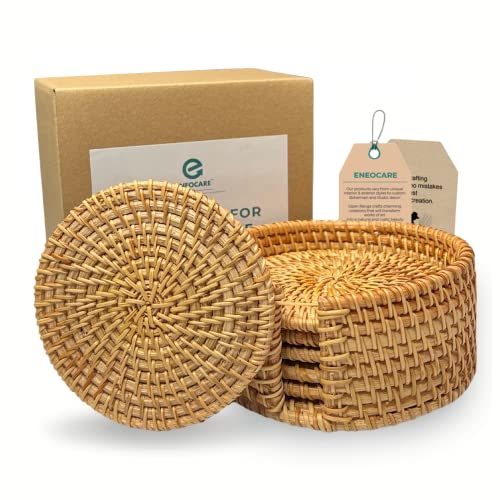 Eneocare Handmade Natural Rattan Coasters for Drinks, Wicker Boho Coasters, Woven Coasters for Drinks | Heat Resistant Reusable Saucers, Round Straw Trivet for Teacup, Set of 6 with Holder