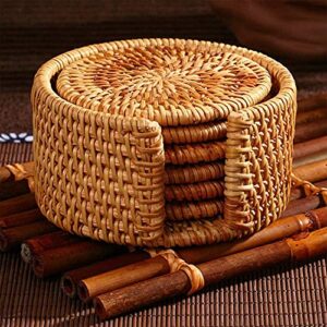 Eneocare Handmade Natural Rattan Coasters for Drinks, Wicker Boho Coasters, Woven Coasters for Drinks | Heat Resistant Reusable Saucers, Round Straw Trivet for Teacup, Set of 6 with Holder