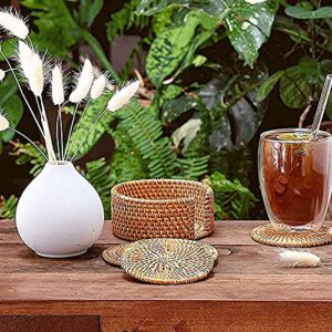 Eneocare Handmade Natural Rattan Coasters for Drinks, Wicker Boho Coasters, Woven Coasters for Drinks | Heat Resistant Reusable Saucers, Round Straw Trivet for Teacup, Set of 6 with Holder