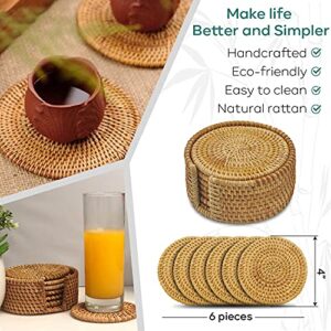 Eneocare Handmade Natural Rattan Coasters for Drinks, Wicker Boho Coasters, Woven Coasters for Drinks | Heat Resistant Reusable Saucers, Round Straw Trivet for Teacup, Set of 6 with Holder