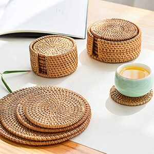 Eneocare Handmade Natural Rattan Coasters for Drinks, Wicker Boho Coasters, Woven Coasters for Drinks | Heat Resistant Reusable Saucers, Round Straw Trivet for Teacup, Set of 6 with Holder