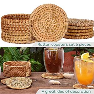 Eneocare Handmade Natural Rattan Coasters for Drinks, Wicker Boho Coasters, Woven Coasters for Drinks | Heat Resistant Reusable Saucers, Round Straw Trivet for Teacup, Set of 6 with Holder