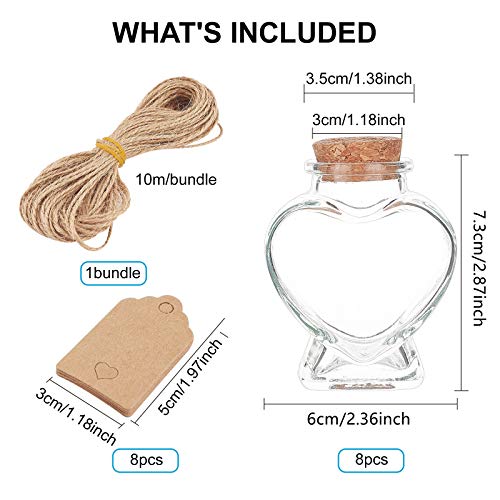 BENECREAT 8 Pack 60ml Heart Shaped Candy Jars, Glass Favor Jars with Cork Lids, Label Tags and String for Candy, Spices, Wish Drifting Bottle, Home Party, Mother's Day Festival Decor