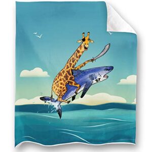 loong design onward giraffe and shark throw blanket super soft, fluffy, premium sherpa fleece blanket 50” x 60” fit for sofa chair bed office travelling camping gift