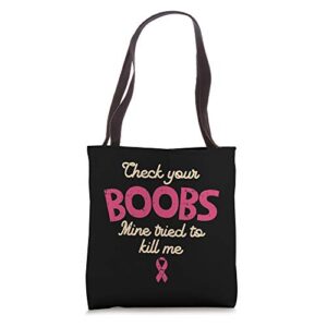 breast cancer awareness check your boobs survivor gift tote bag