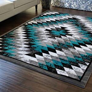 Masada Rugs, Stephanie Collection Area Rug Southwest Native American Distressed Design 1106 Turquoise Grey White Black (4 Feet X 5 Feet)