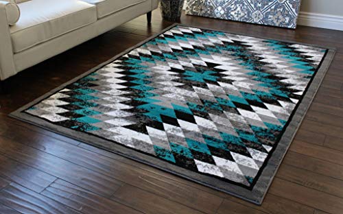 Masada Rugs, Stephanie Collection Area Rug Southwest Native American Distressed Design 1106 Turquoise Grey White Black (4 Feet X 5 Feet)