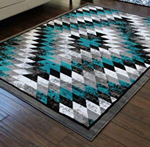 Masada Rugs, Stephanie Collection Area Rug Southwest Native American Distressed Design 1106 Turquoise Grey White Black (4 Feet X 5 Feet)