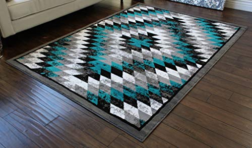 Masada Rugs, Stephanie Collection Area Rug Southwest Native American Distressed Design 1106 Turquoise Grey White Black (4 Feet X 5 Feet)