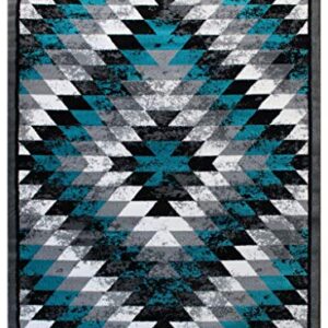 Masada Rugs, Stephanie Collection Area Rug Southwest Native American Distressed Design 1106 Turquoise Grey White Black (4 Feet X 5 Feet)