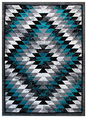 Masada Rugs, Stephanie Collection Area Rug Southwest Native American Distressed Design 1106 Turquoise Grey White Black (4 Feet X 5 Feet)