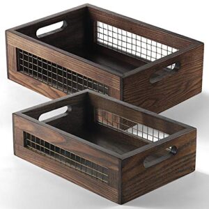 nagawood wooden countertop baskets set of 2 for kitchen, bathroom, pantry|wall mount upgrade with full accessories| rustic nesting boxes|wooden organizer crates for fruit, vegetables, produce, bread