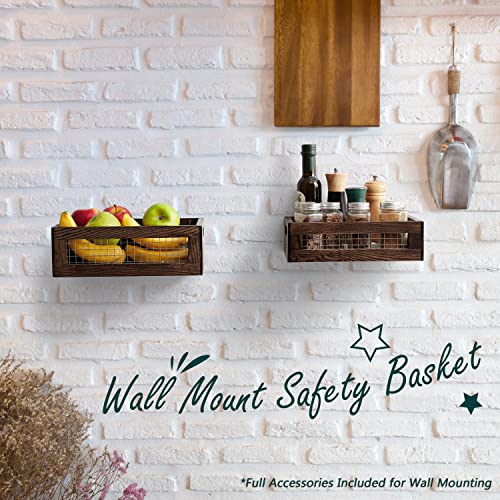 NAGAWOOD Wooden Countertop Baskets Set of 2 for Kitchen, Bathroom, Pantry|Wall Mount Upgrade with Full Accessories| Rustic Nesting Boxes|Wooden Organizer Crates for Fruit, Vegetables, Produce, Bread