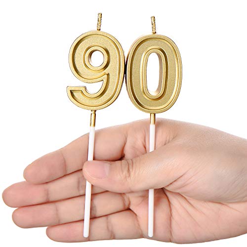 90th Birthday Candles Cake Numeral Candles Happy Birthday Cake Candles Topper Decoration for Birthday Wedding Anniversary Celebration Supplies (Gold)