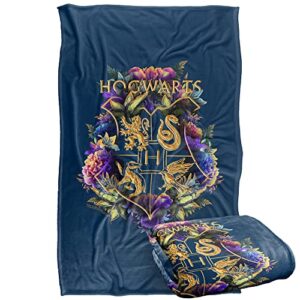 harry potter hogwarts multi-colored floral crest silky touch super soft throw blanket 36″ x 58″,hogwarts multi-colored floral crest, blue