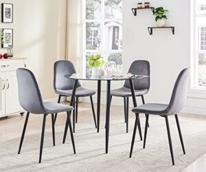 stylifing dining table set for 4 modern 5 pieces dining room set mid century round tempered glass kitchen table and 4 deep grey modern velvet fabric upholstered kitchen chair with metal legs