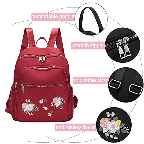 ZEHO Women Cute Mini Nylon Backpack Purse Casual Lightweight Small Daypack for Girls Embroidered Floral Backpack, Red, One Size, (0026-01Z)