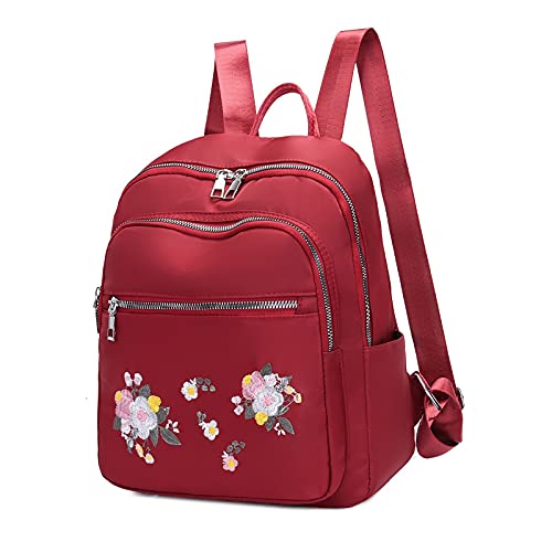 ZEHO Women Cute Mini Nylon Backpack Purse Casual Lightweight Small Daypack for Girls Embroidered Floral Backpack, Red, One Size, (0026-01Z)