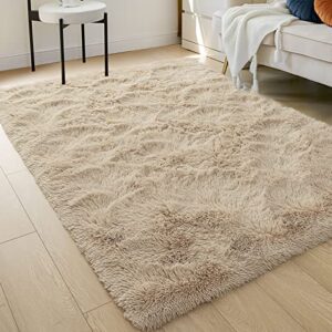 wellber modern soft shag rugs, 3×5 feet beige fluffy home decorative carpets for bedroom, rectangle durable fuzzy area rug for living room dorm nursery, plush floor shaggy fur throw rug