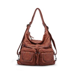 handbags & shoulder bags for woman super soft washed pu leather hobo bags multiple use woman’s cross body bag backpack (brown)