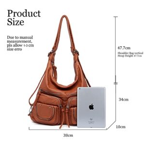 handbags & shoulder bags for woman super soft washed PU leather hobo bags multiple use woman's cross body bag backpack (Brown)