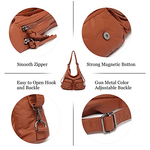 handbags & shoulder bags for woman super soft washed PU leather hobo bags multiple use woman's cross body bag backpack (Brown)