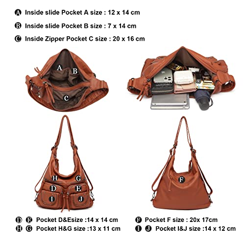 handbags & shoulder bags for woman super soft washed PU leather hobo bags multiple use woman's cross body bag backpack (Brown)