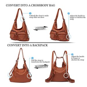 handbags & shoulder bags for woman super soft washed PU leather hobo bags multiple use woman's cross body bag backpack (Brown)