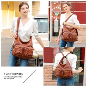 handbags & shoulder bags for woman super soft washed PU leather hobo bags multiple use woman's cross body bag backpack (Brown)