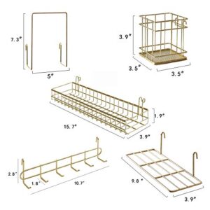 JOVONE Wall Grid Panel Basket,Display shelf,Pen Holder,Hooks Rack,Bookshelf,Wall Organizer For Home supplies,Set of 5 (Gold)