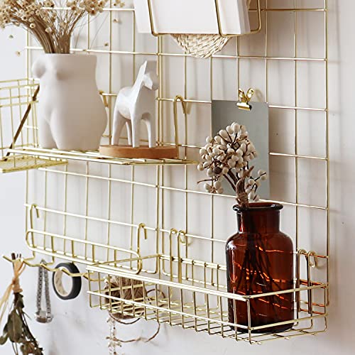 JOVONE Wall Grid Panel Basket,Display shelf,Pen Holder,Hooks Rack,Bookshelf,Wall Organizer For Home supplies,Set of 5 (Gold)