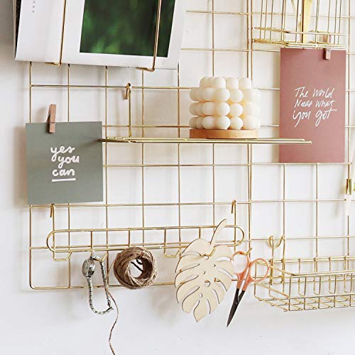 JOVONE Wall Grid Panel Basket,Display shelf,Pen Holder,Hooks Rack,Bookshelf,Wall Organizer For Home supplies,Set of 5 (Gold)